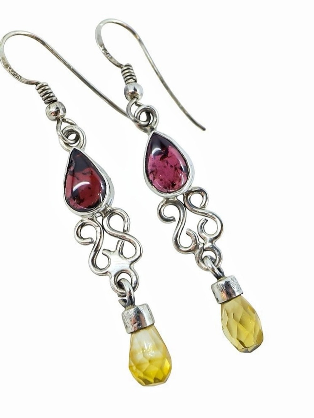 Sterling Silver Dangle Earrings w Garnet & Yellow Quartz 2 1/8 in